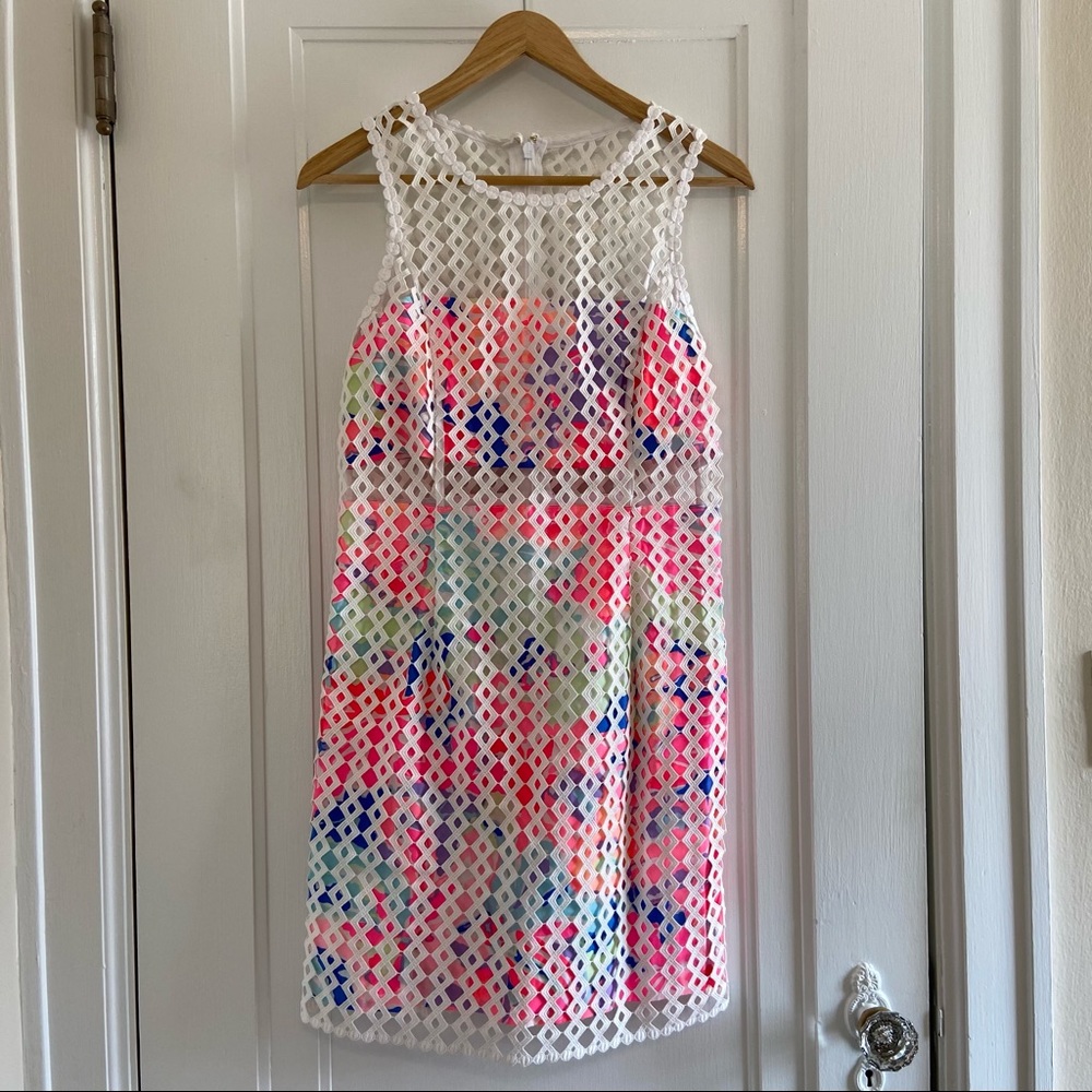 Lilly Pulitzer White Crochet Mini Dress with Pastel Multicolor Print - Picture 3 of 7